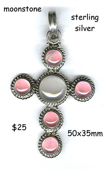 sterling silver cross, pink &white moonstone