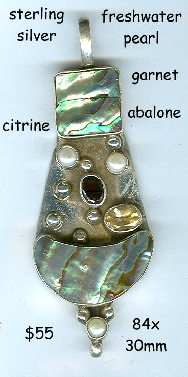 sterling large pendant abalone garnet pearl