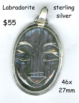 sterling silver pendant Labradorite carved face 