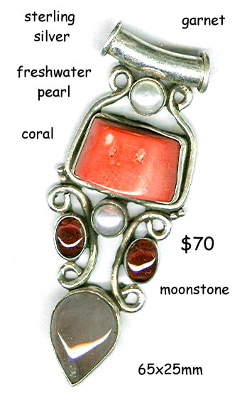 sterling pendant, coral garnet moonstone