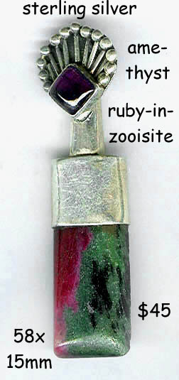 sterling pendant ruby in zooisite, amethyst