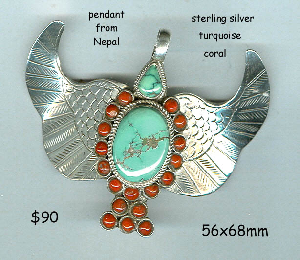 Nepal sterling pendant winged bird turquoise coral
